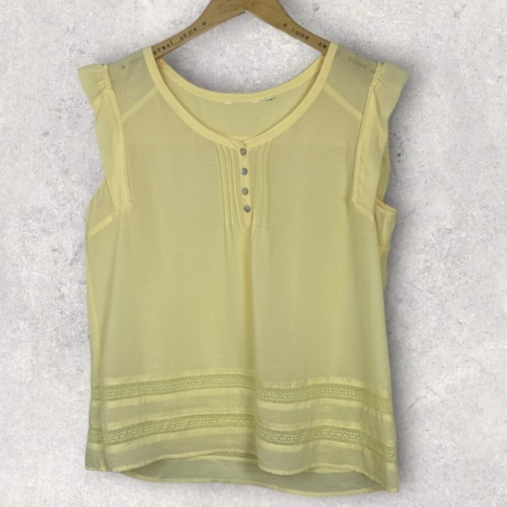 Reitmans Yellow Lace Trim Ruffle Sleeve Blouse Pastel Summer Size XL Button Top